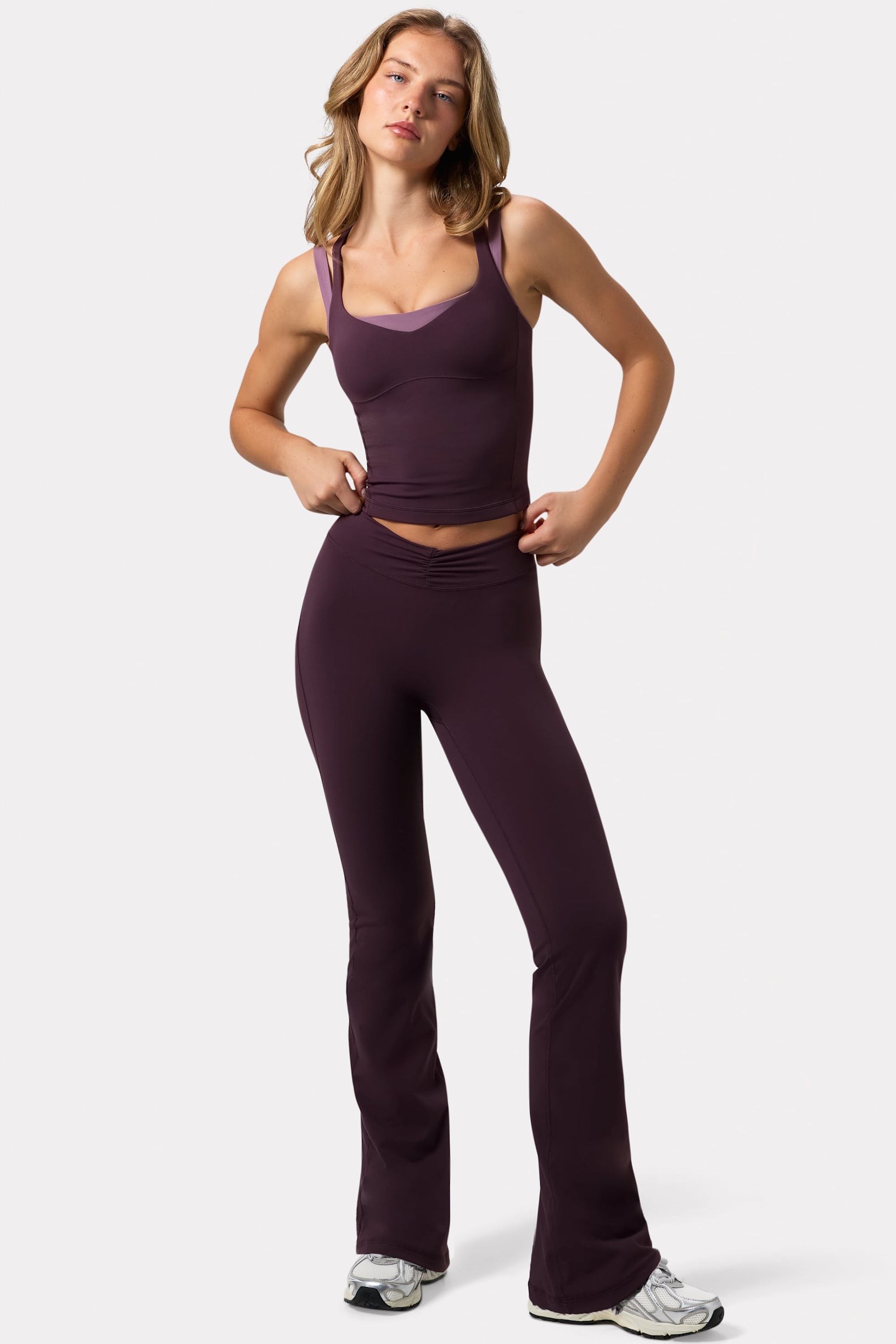 Soft Active Ruched Flared Trousers in Plum - 1
