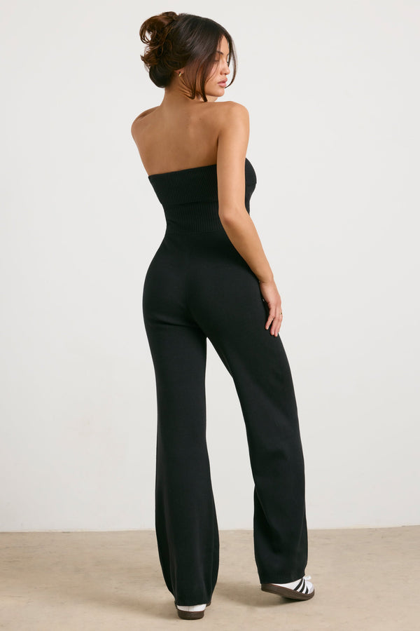 Chunky Knit Bandeau Kick Flare Jumpsuit in Black - 2