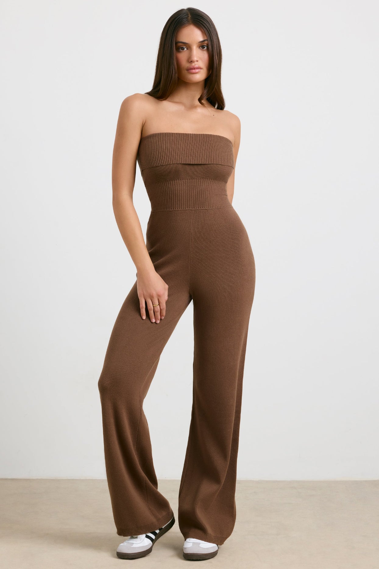 Petite Chunky Knit Kick Flare Unitard in Espresso