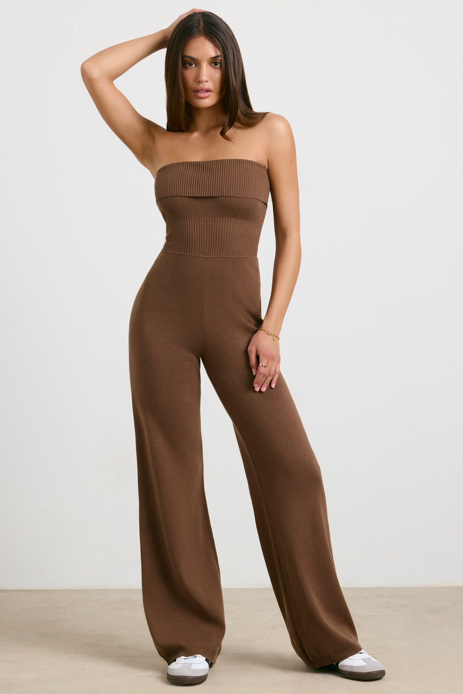 Chunky Knit Kick Flare Unitard in Espresso