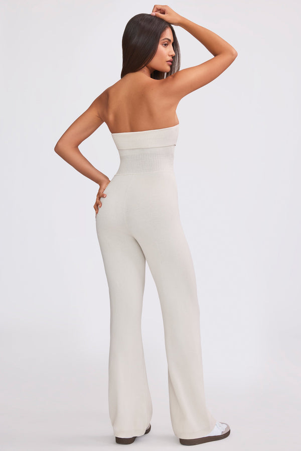 Chunky Knit Bandeau Kick Flare Jumpsuit in Cream - 2