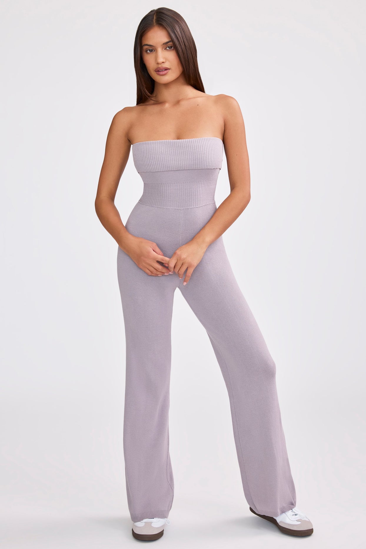 Bandeau Kick Flare Chunky Knit Jumpsuit in Dusty Lavender