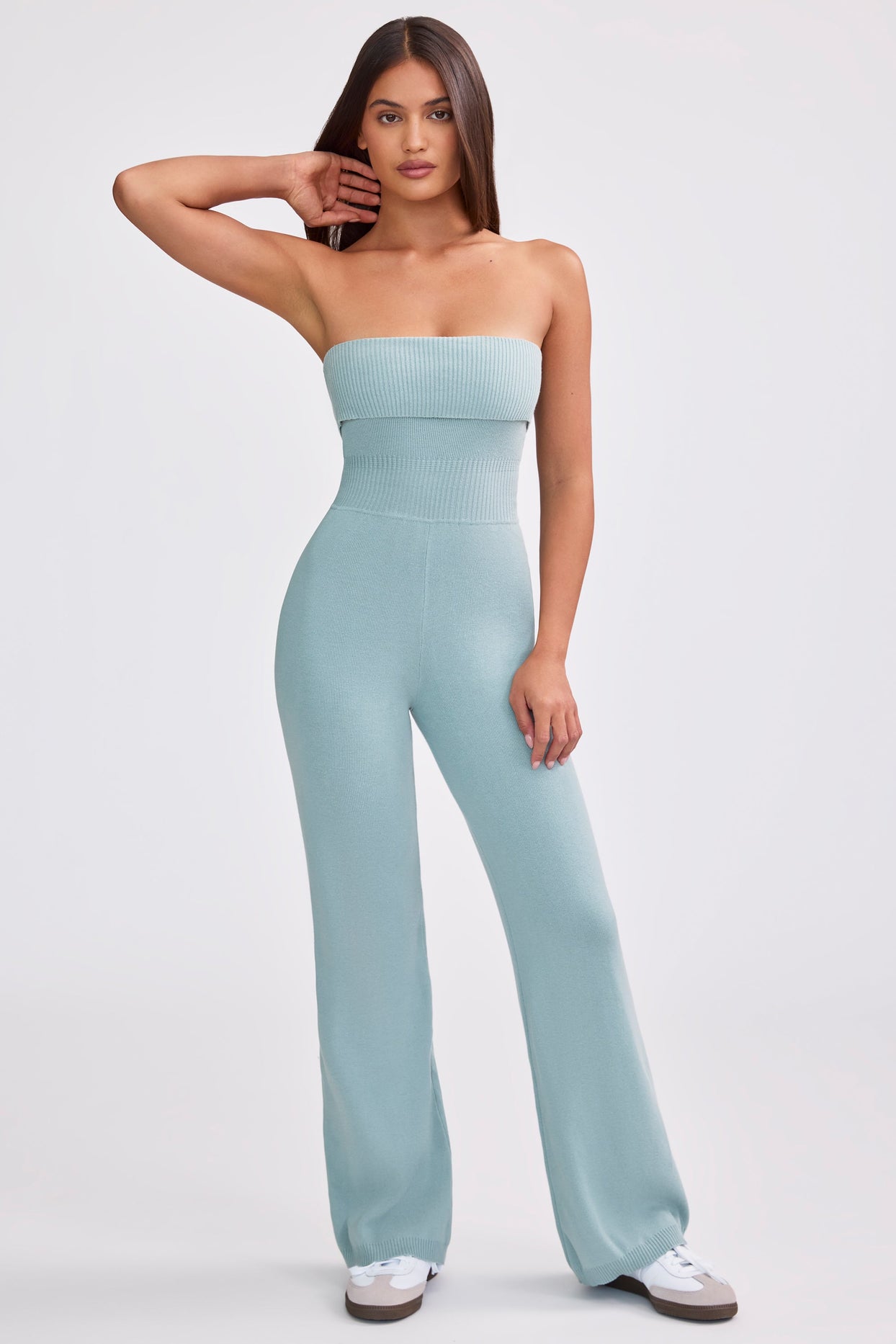 Bandeau Kick Flare Chunky Knit Jumpsuit in Dusty Teal