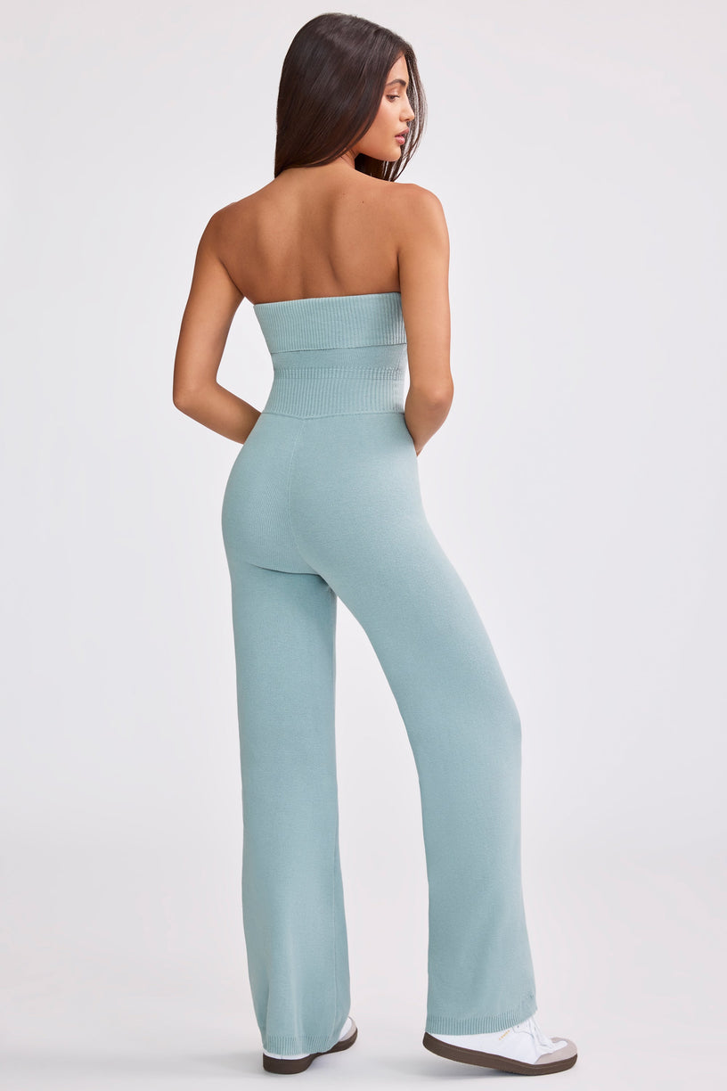 Chunky Knit Bandeau Kick Flare Jumpsuit in Dusty Teal - 2