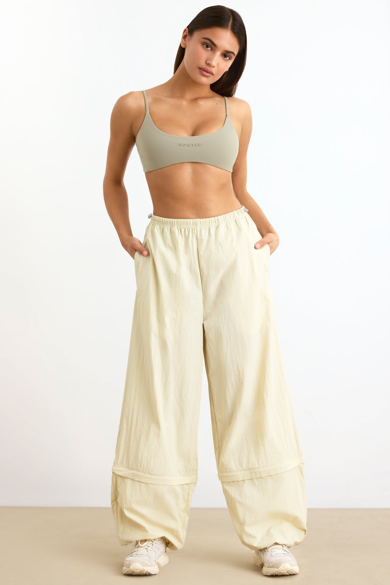 Convertible Wide Leg Track Pants in Bone