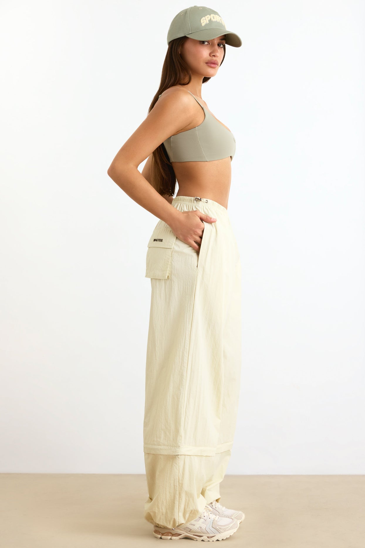 Convertible Wide Leg Track Pants in Bone