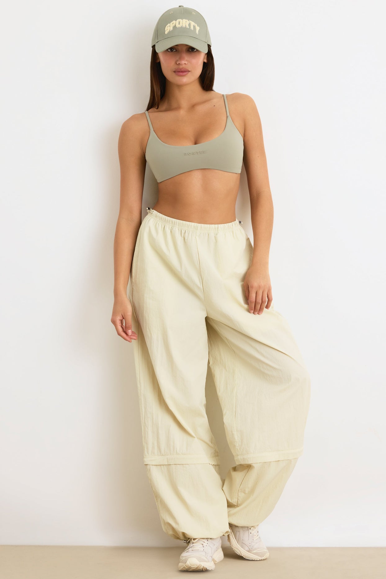 Convertible Wide Leg Track Pants in Bone