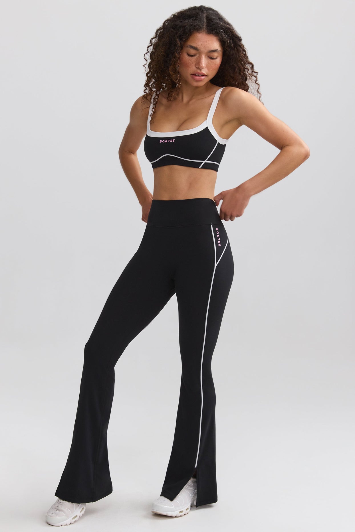 Petite Soft Active Contrast-Trim Flared Trousers in Black