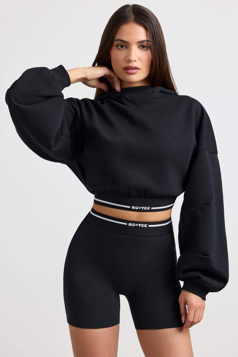 Stretch Cotton Fleece Cropped Hoodie in Black - 1