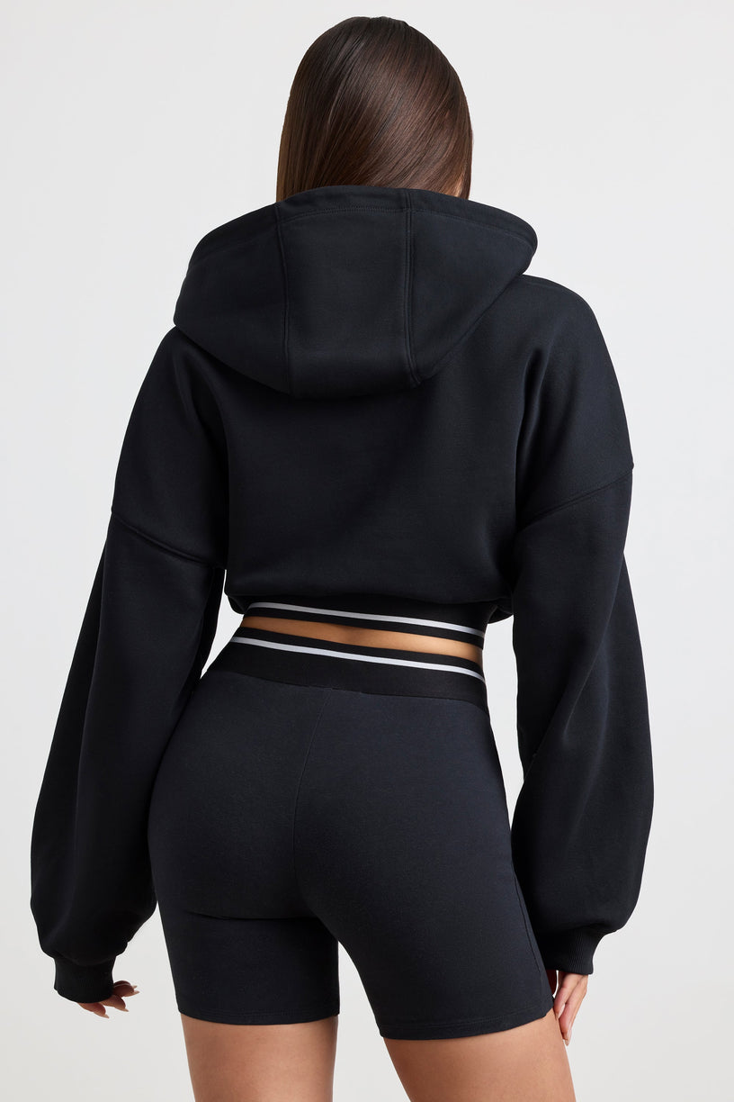 Stretch Cotton Fleece Cropped Hoodie in Black - 2