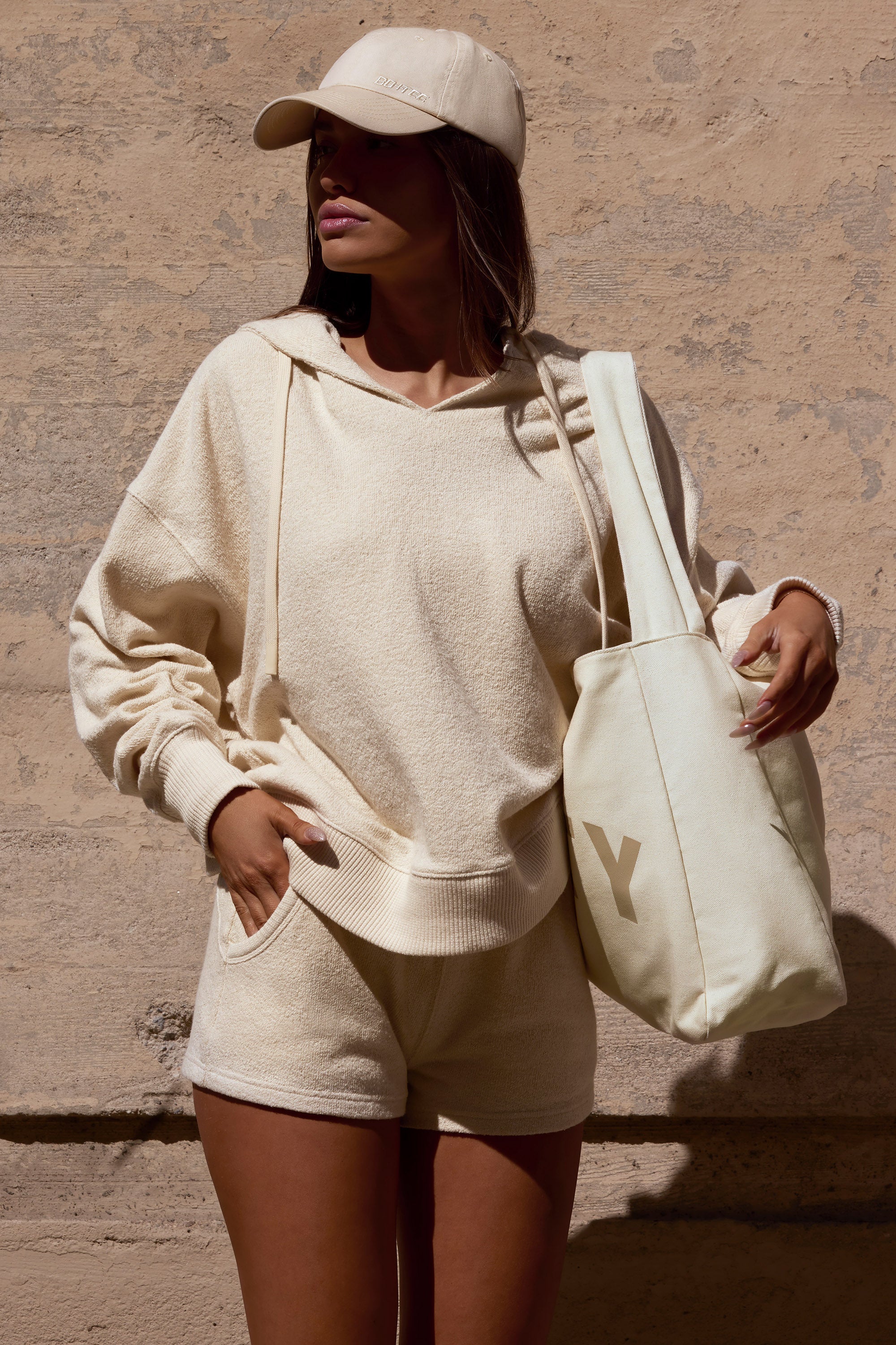 Terry Towelling V-Neck Hoodie in Cream