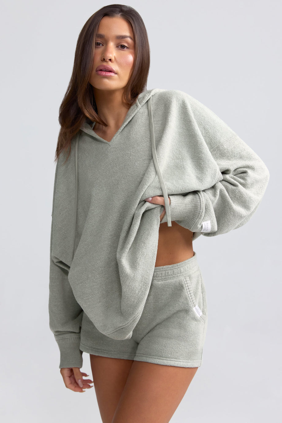 Terry Towelling V-Neck Hoodie in Sage Grey