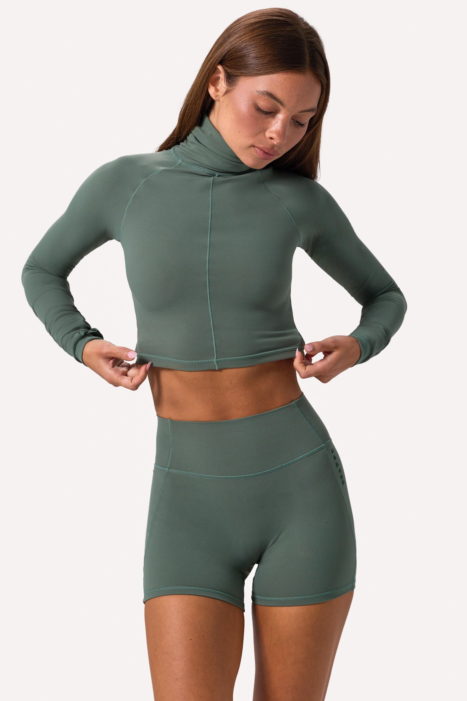 Soft Active Turtleneck Crop Top in Khaki - 1