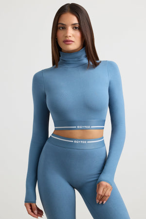 Backless Turtleneck Long-Sleeve Crop Top in Steel Blue