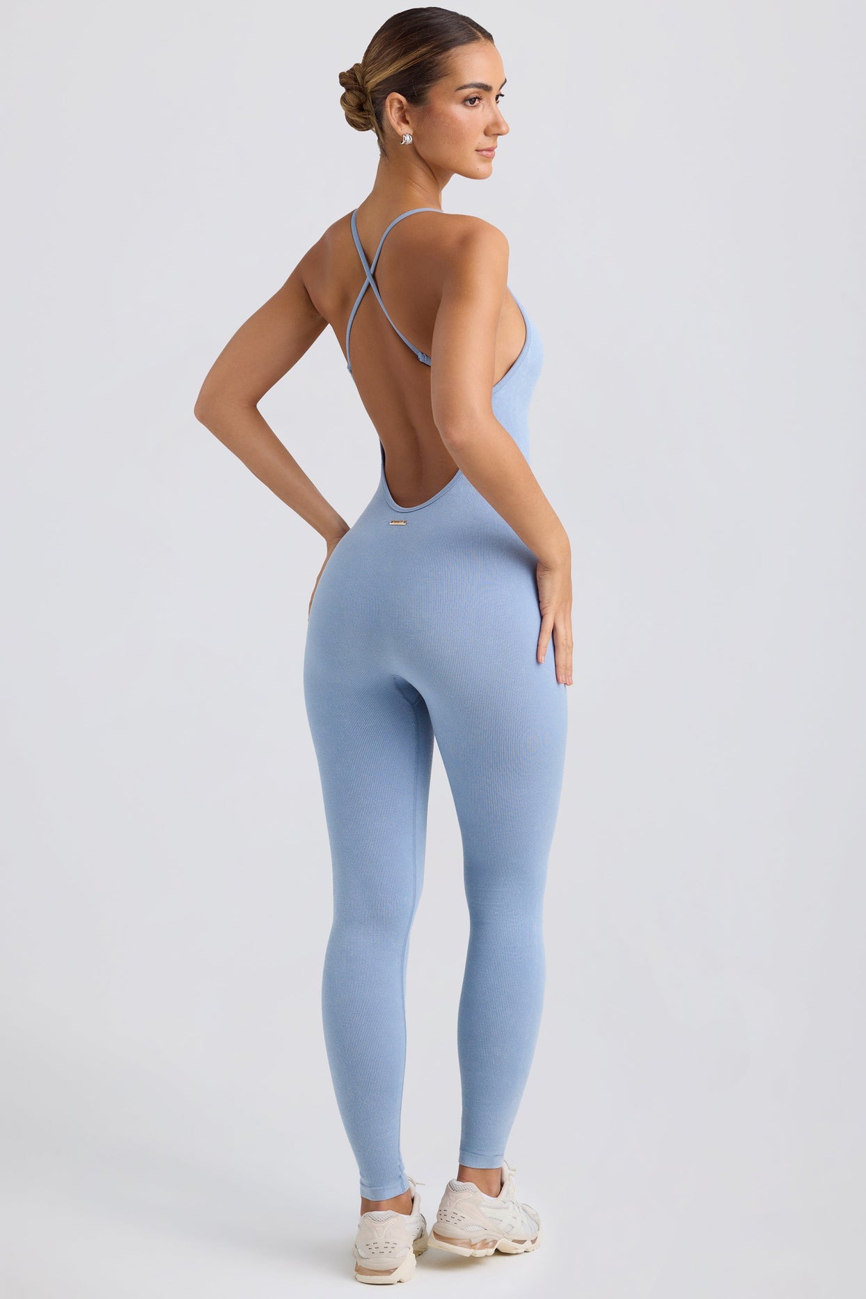 Cross-Back Jumpsuit in Washed Blue