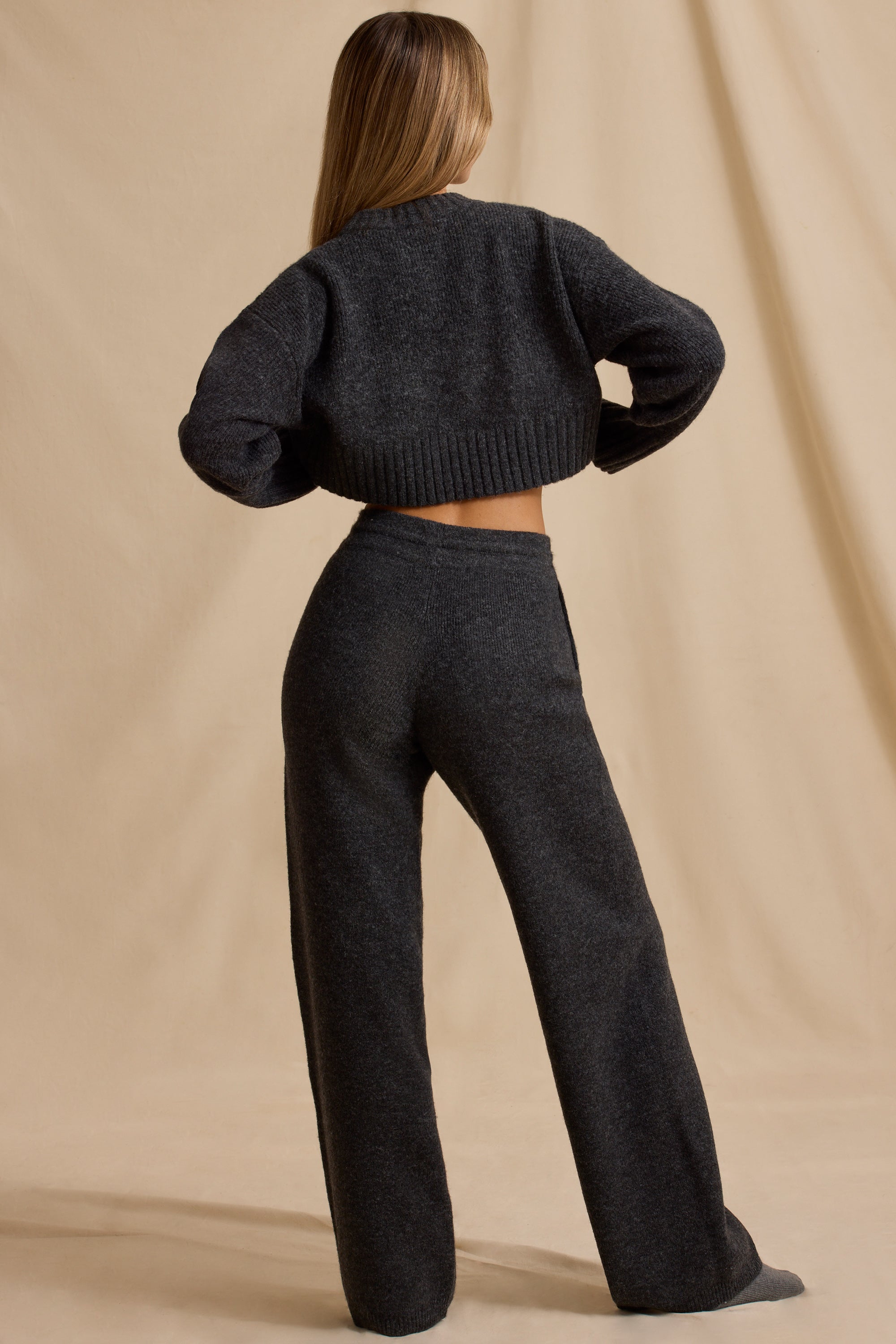 Petite Mid-Rise Wide-Leg Joggers in Charcoal Marl