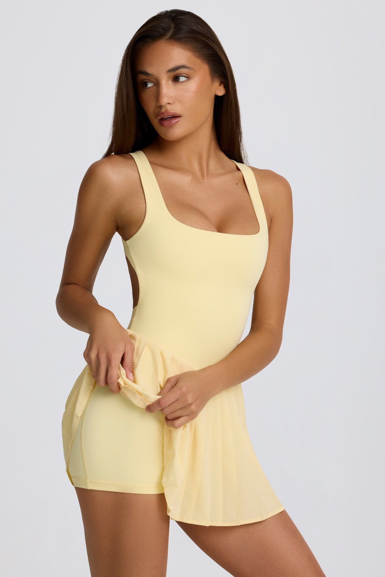 Soft Active Open-Back Pleated Tennis Dress in Lemon - 3