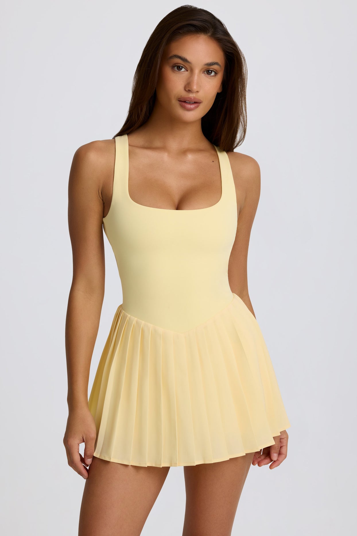 Soft Active Open-Back Pleated Tennis Dress in Lemon - 1