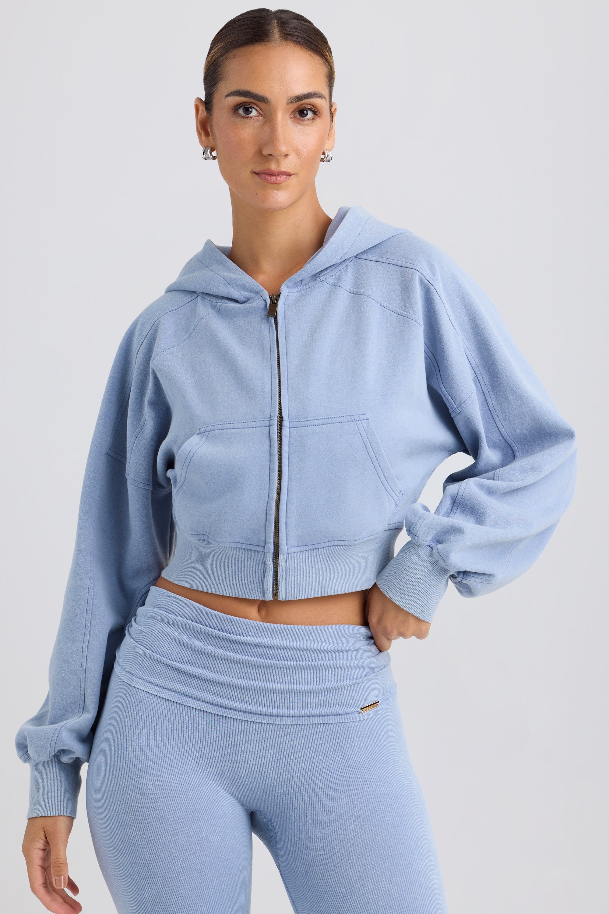 Zip-Up Cropped Hoodie in Washed Blue | Oh Polly