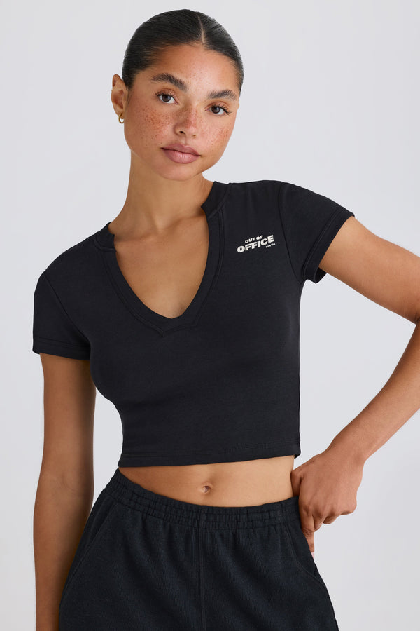Stretch Cotton Jersey Graphic Print Cropped T-Shirt in Black - 1