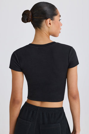 Stretch Cotton Jersey Graphic Print Cropped T-Shirt in Black