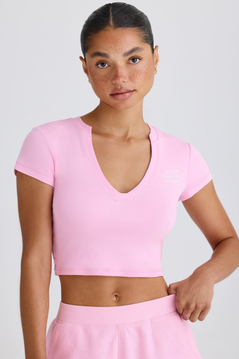 Stretch Cotton Jersey Graphic Print Cropped T-Shirt in Bubblegum Pink - 1