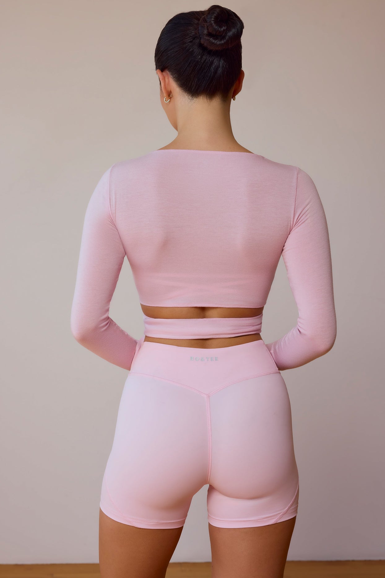 Long-Sleeve Wrap Crop Top in Soft Pink