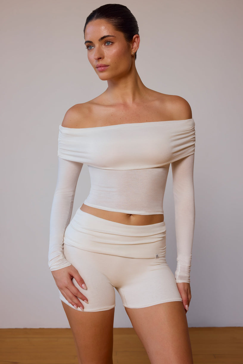 Sheer Off-Shoulder Long-Sleeve Top in Soft White - 1