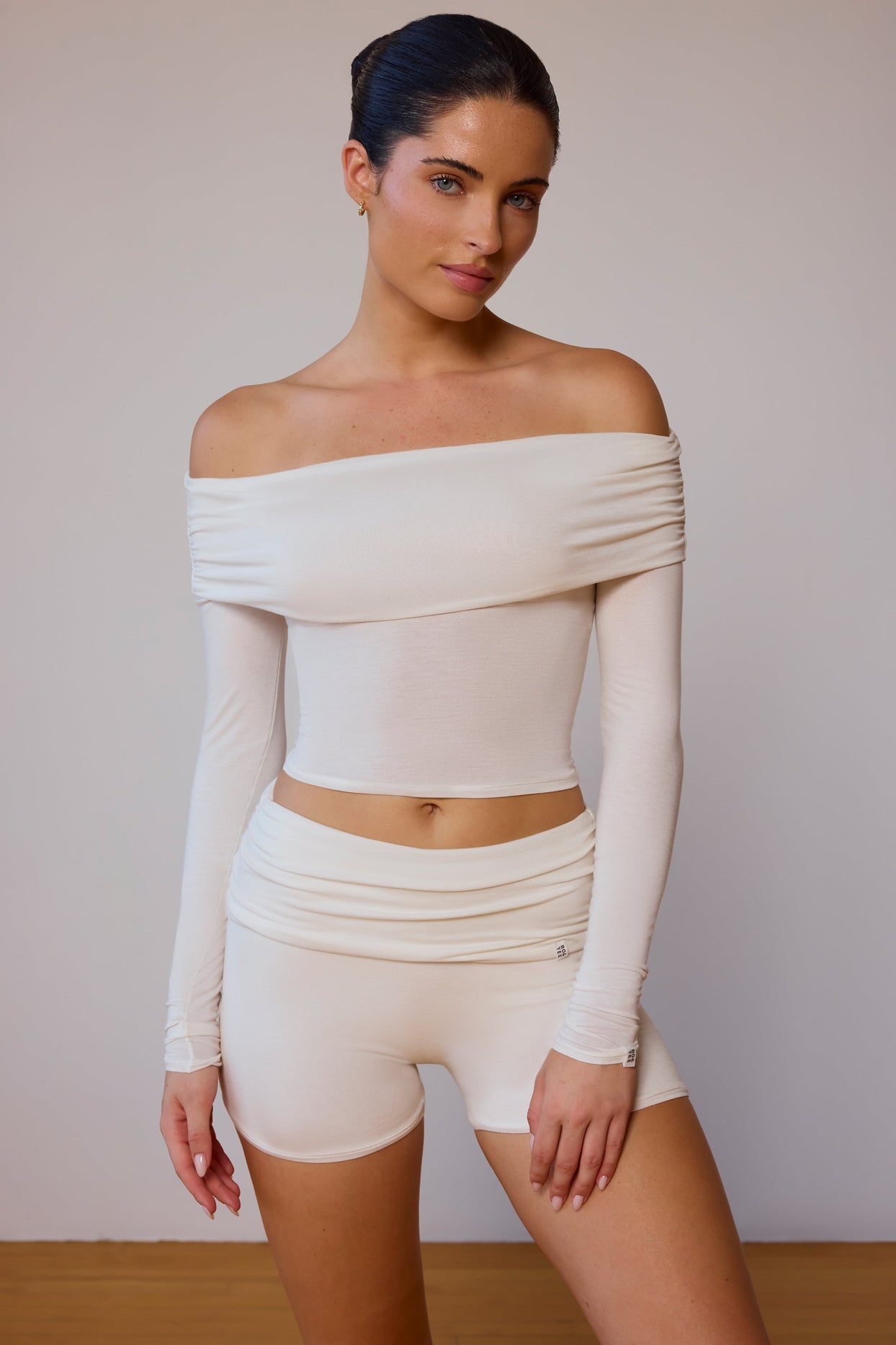 Sheer Off-Shoulder Long-Sleeve Top in Soft White