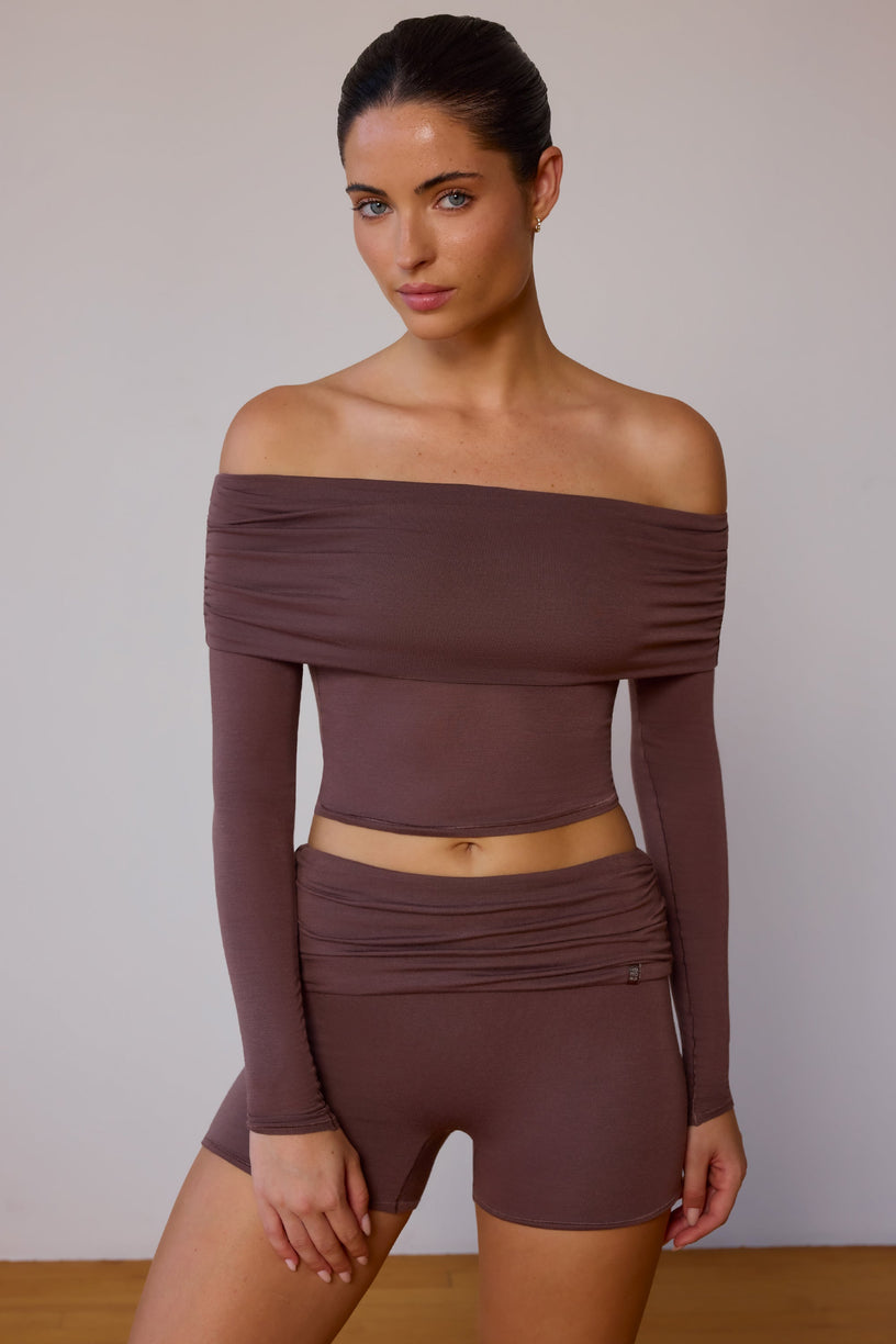 Sheer Off-Shoulder Long-Sleeve Top in Taupe Brown - 1