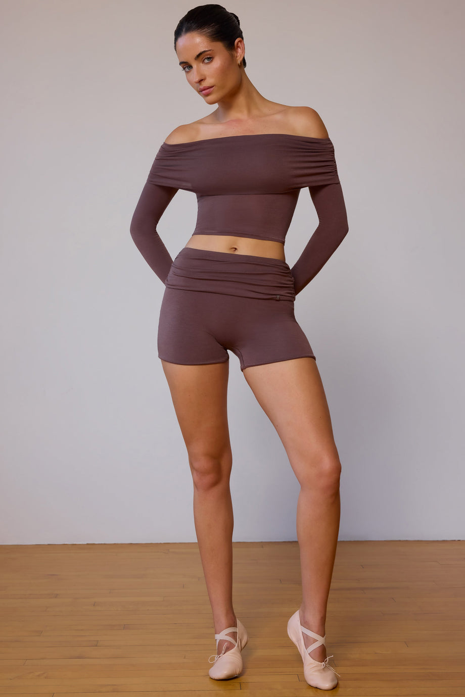 Fold-Over Mini Shorts in Taupe Brown