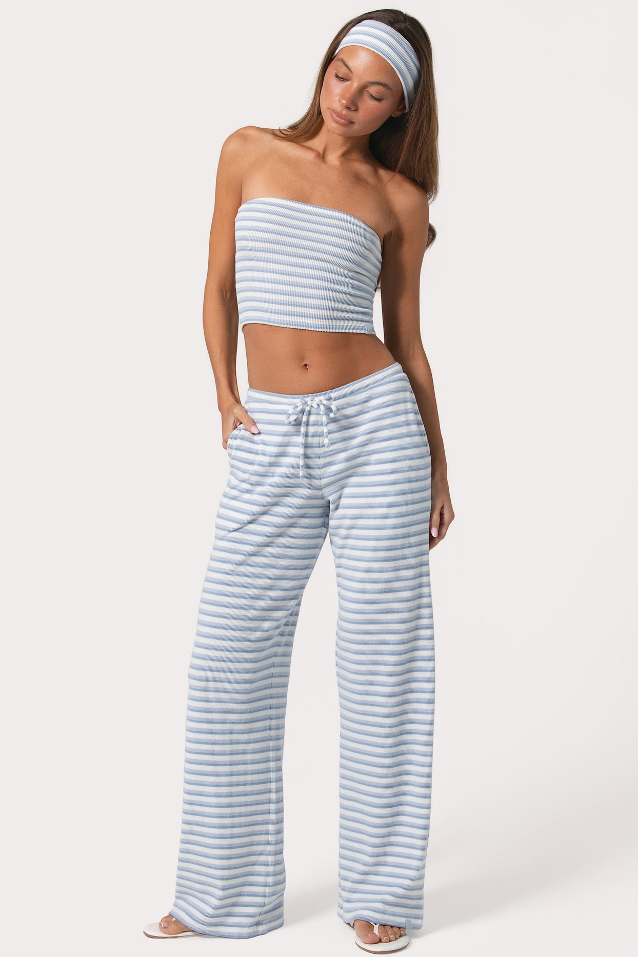 Ribbed Jersey Low-Rise Trousers in Blue Stripe - 1
