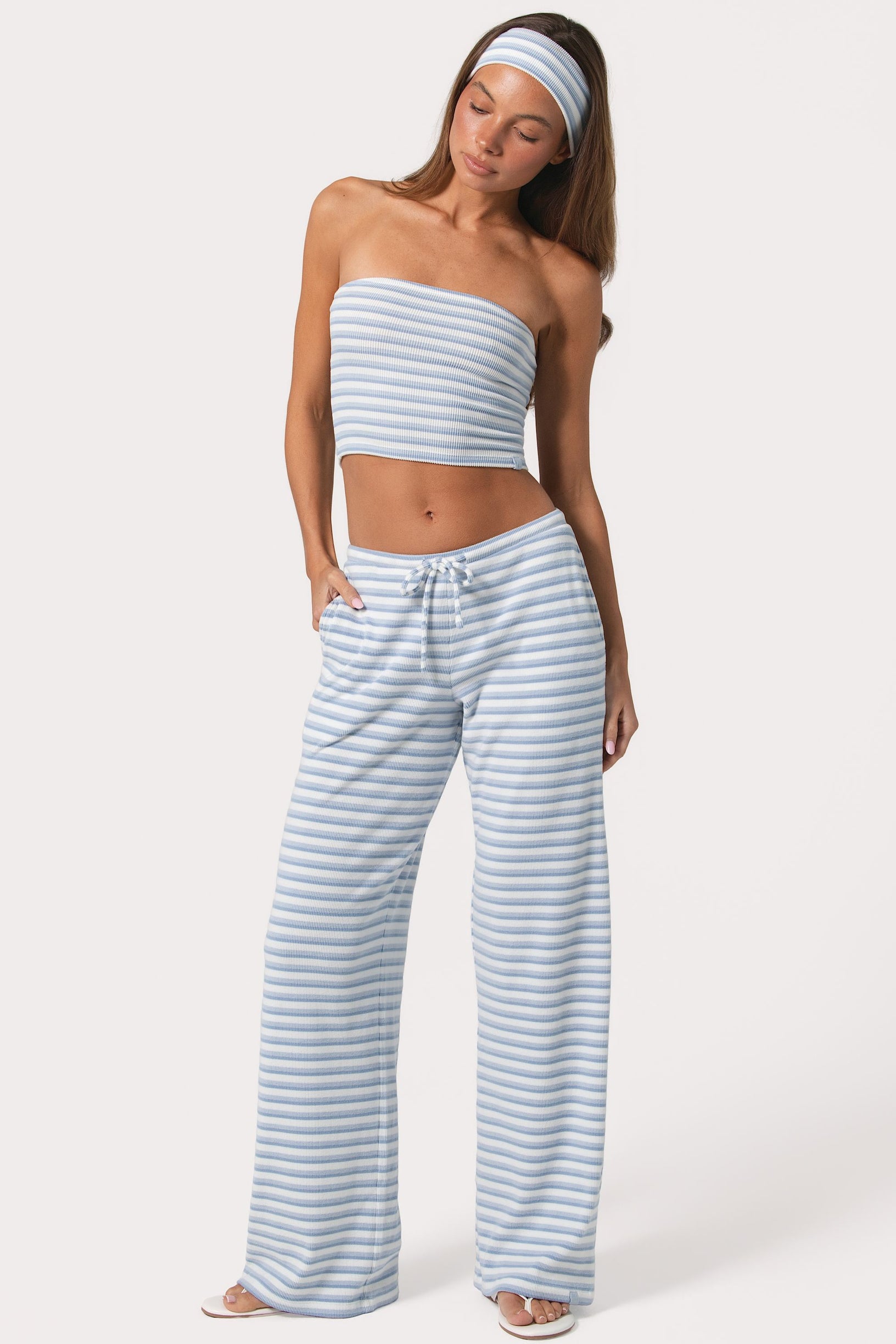 Ribbed Jersey Low-Rise Trousers in Blue Stripe - 1