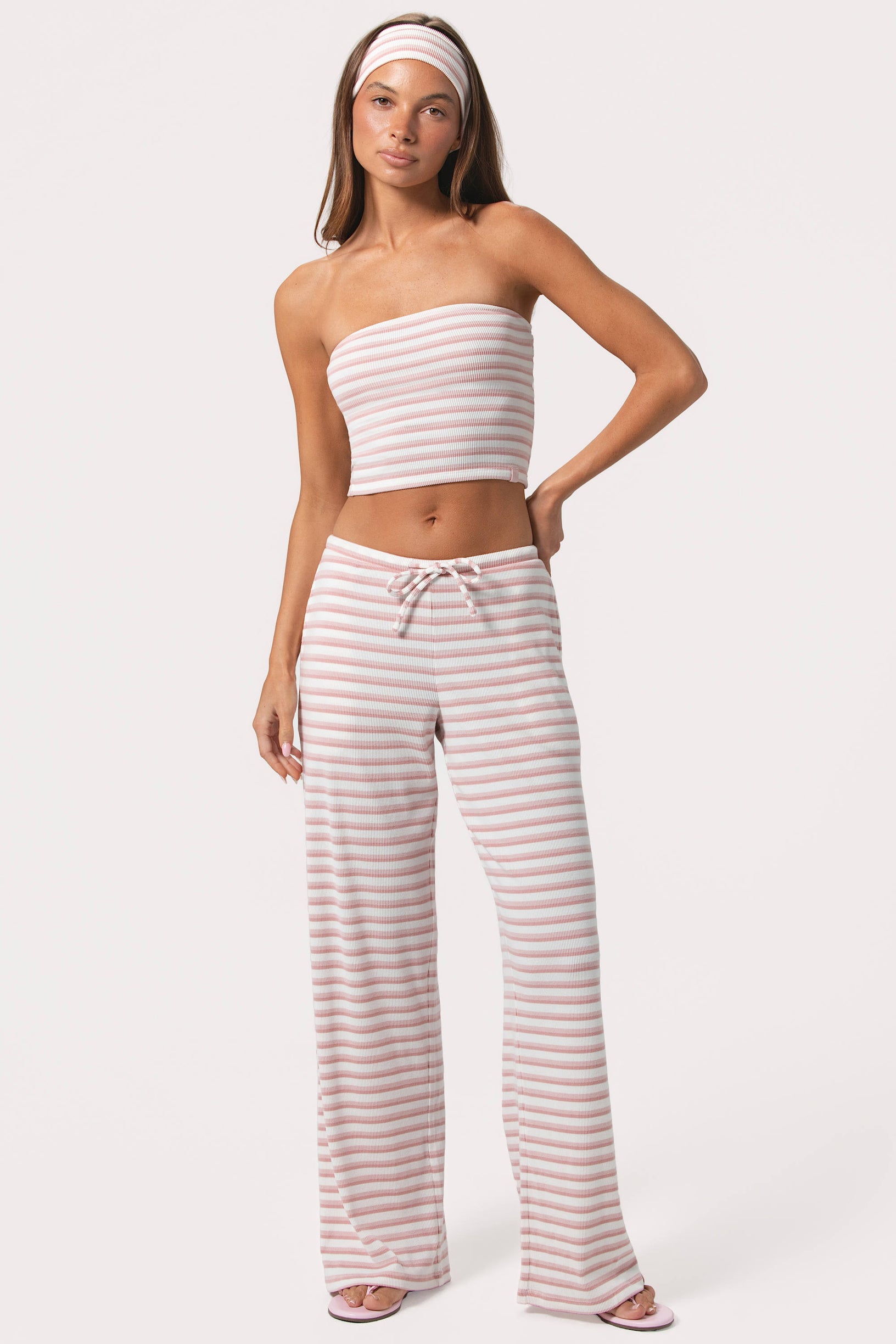 Ribbed Jersey Low-Rise Trousers in Pink Stripe - 1