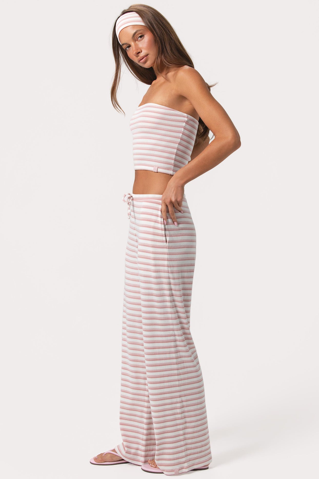 Ribbed Jersey Low-Rise Trousers in Pink Stripe - 3