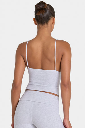 Bo+Tee model Kiele wearing the BT16360__LightGreyMarl Full Top in Light Grey Marl Ribbed Modal fabric perfect for running errands