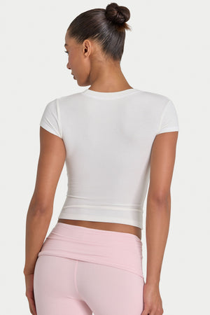 Bo+Tee model Kiele wearing the BT16367__Ivory T-Shirt in Ivory Ribbed Modal fabric perfect for light gym sessions