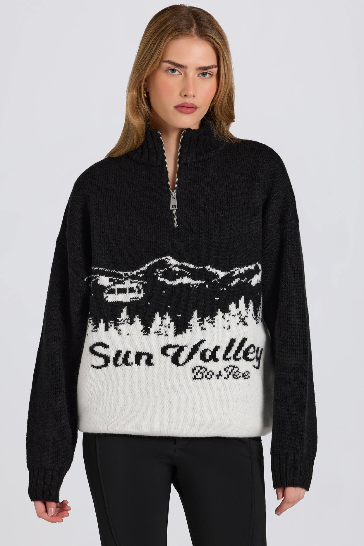 Knit Quarter-Zip Turtleneck Oversized Jumper in Black - 6