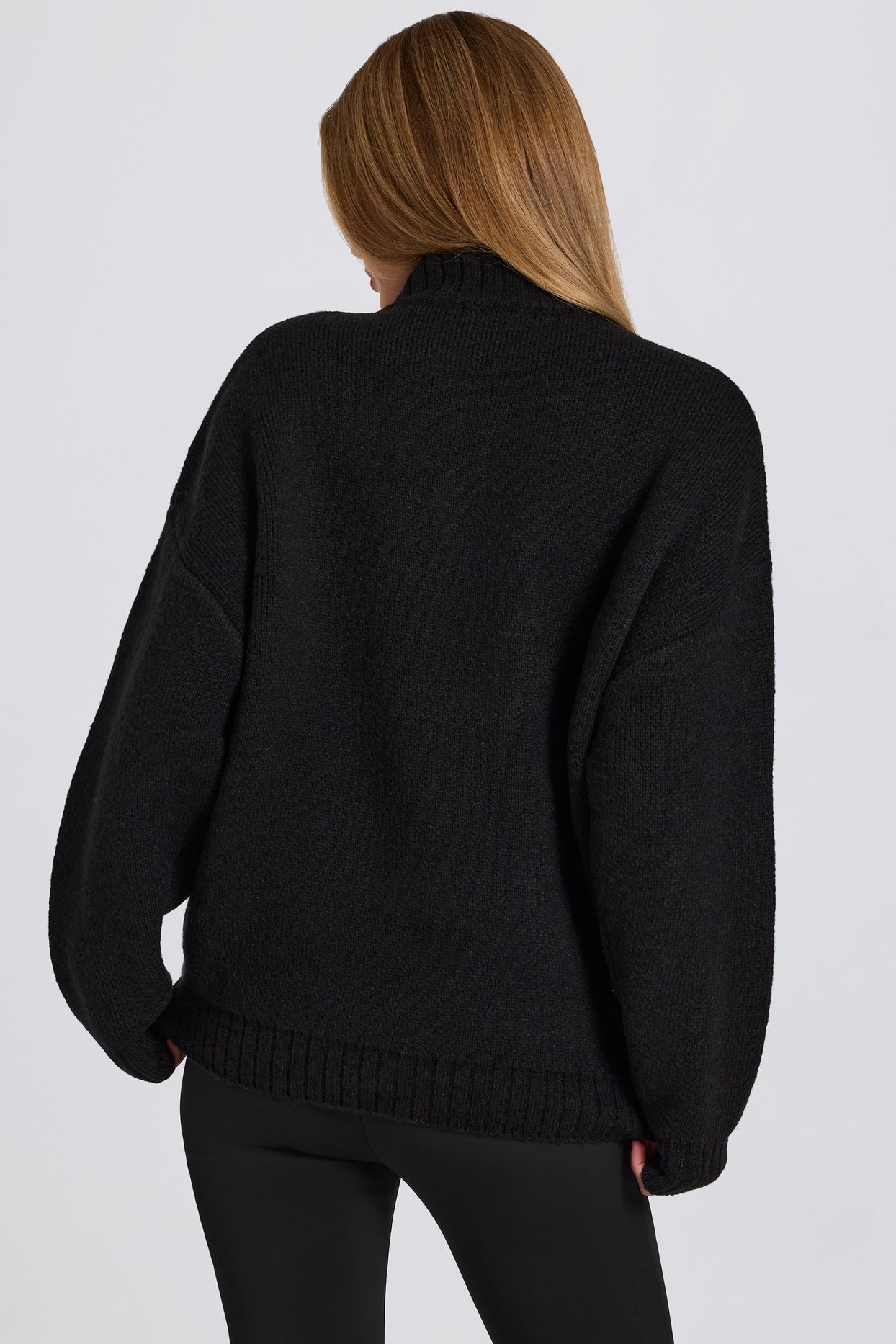 Knit Quarter-Zip Turtleneck Oversized Jumper in Black - 3