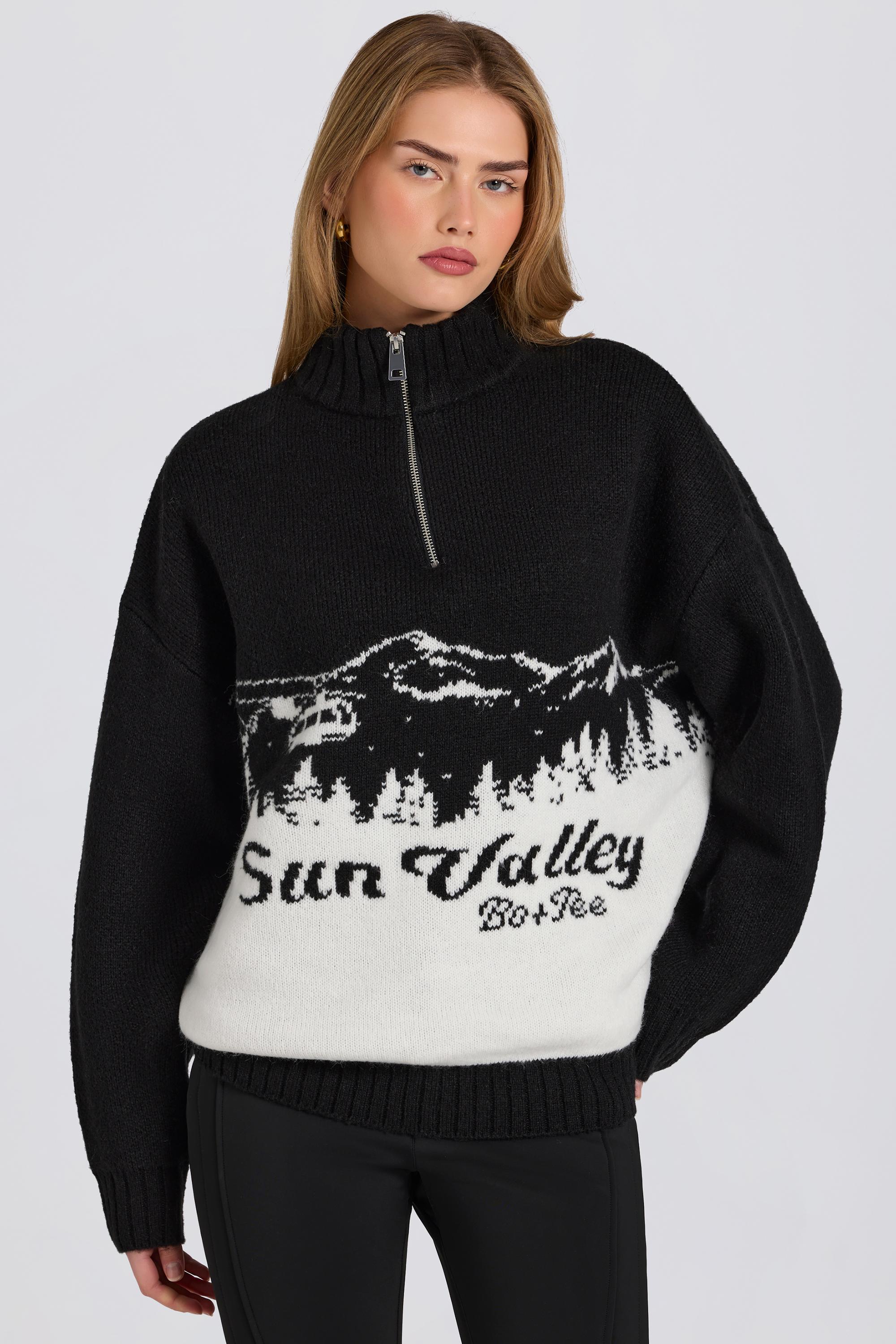 Knit Quarter-Zip Turtleneck Oversized Jumper in Black - 1