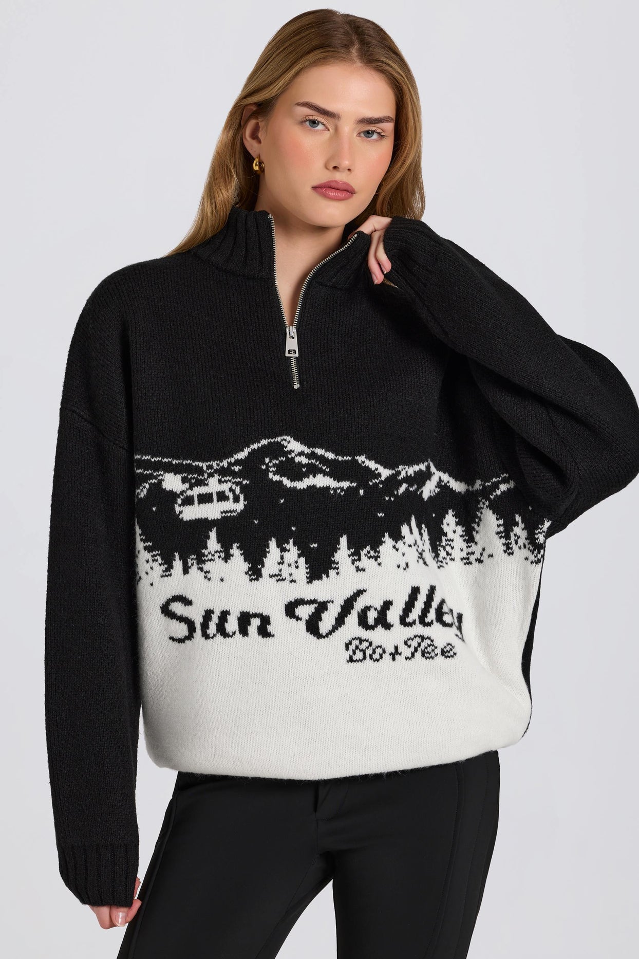 Knit Quarter-Zip Turtleneck Oversized Jumper in Black - 5