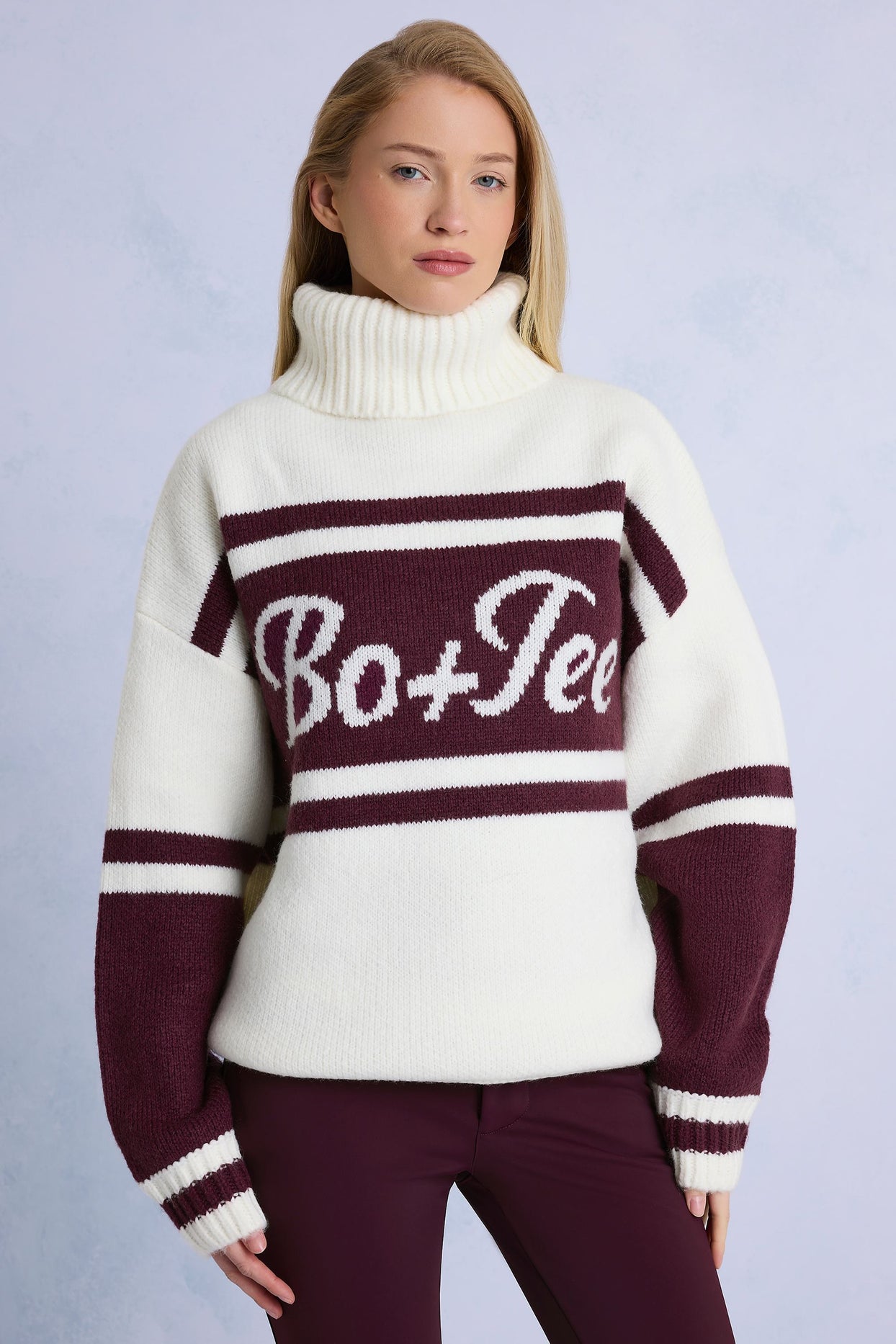 Knit Turtleneck Oversized Jumper in Burgundy - 1