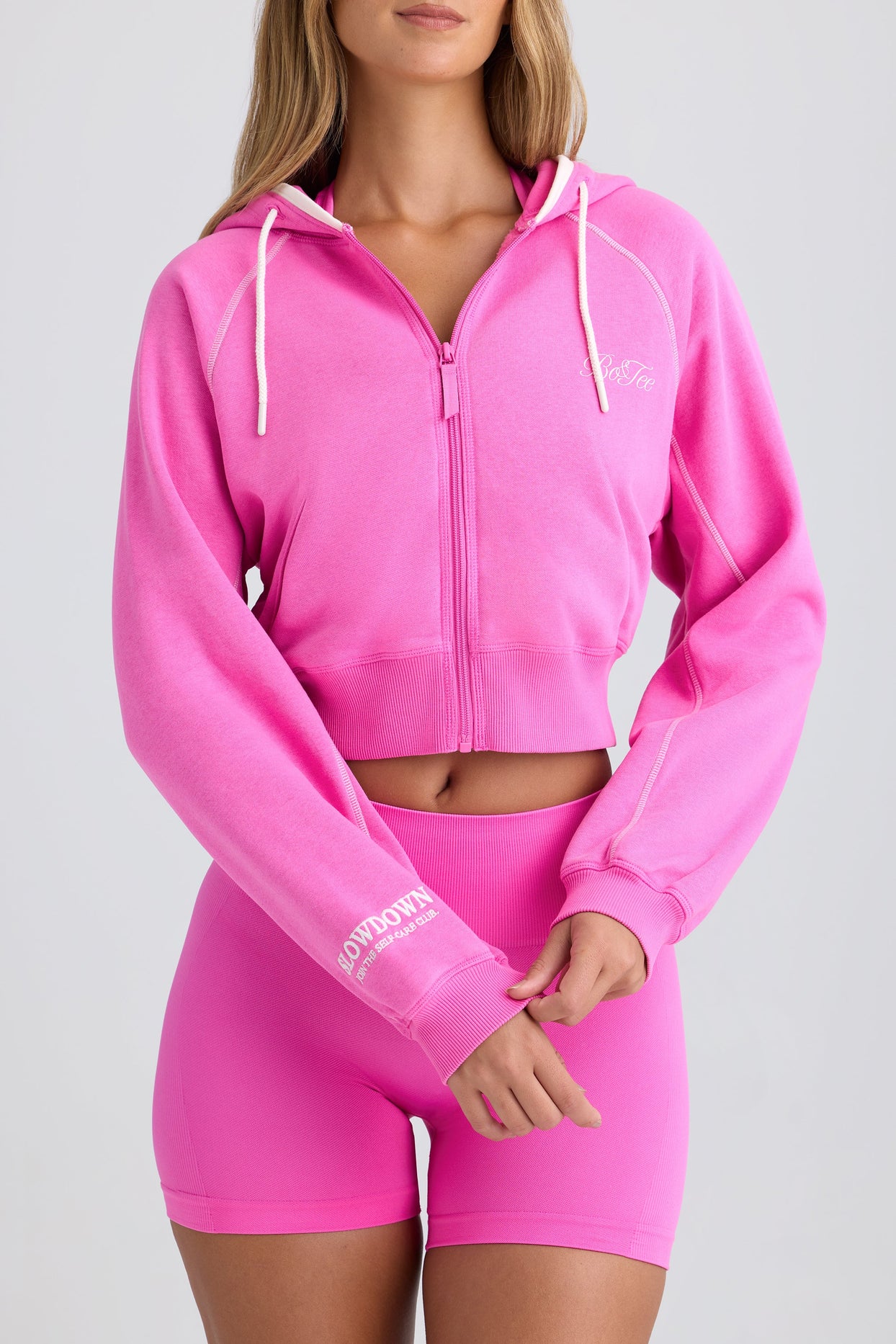 Zip-Up Cropped Hoodie in Sugar Pink