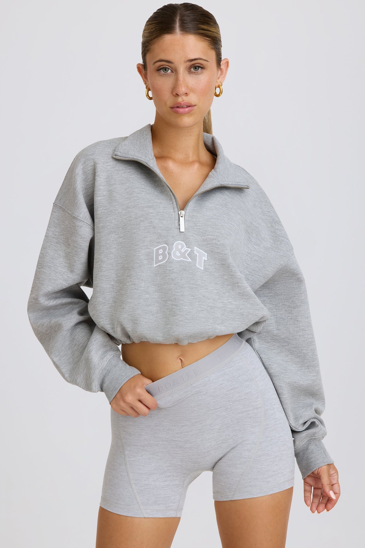 Quarter-Zip Cropped Sweatshirt in Grey Marl