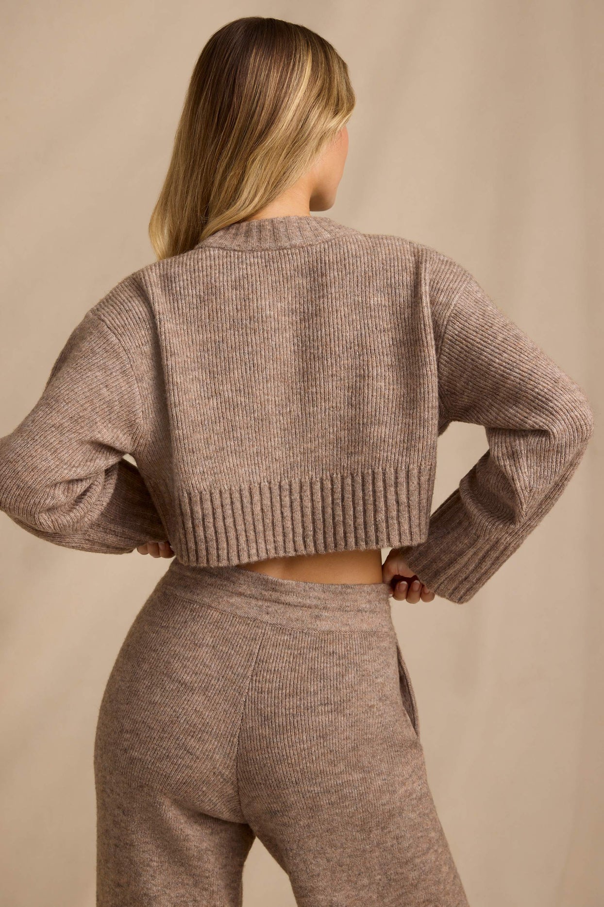 Ribbed Knit Cropped Jumper in Brown Marl - 2