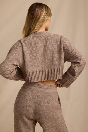 Ribbed Knit Cropped Jumper in Brown Marl
