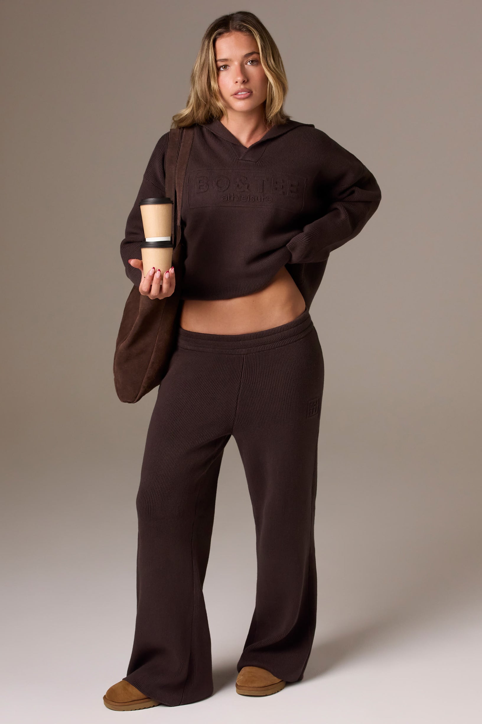 Ribbed Knit Wide-Leg Joggers in Pecan - 1