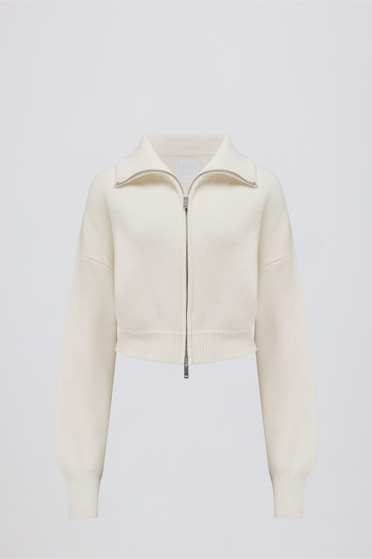 Ribbed Knit Zip-Up Cropped Sweatshirt in Ivory - 3
