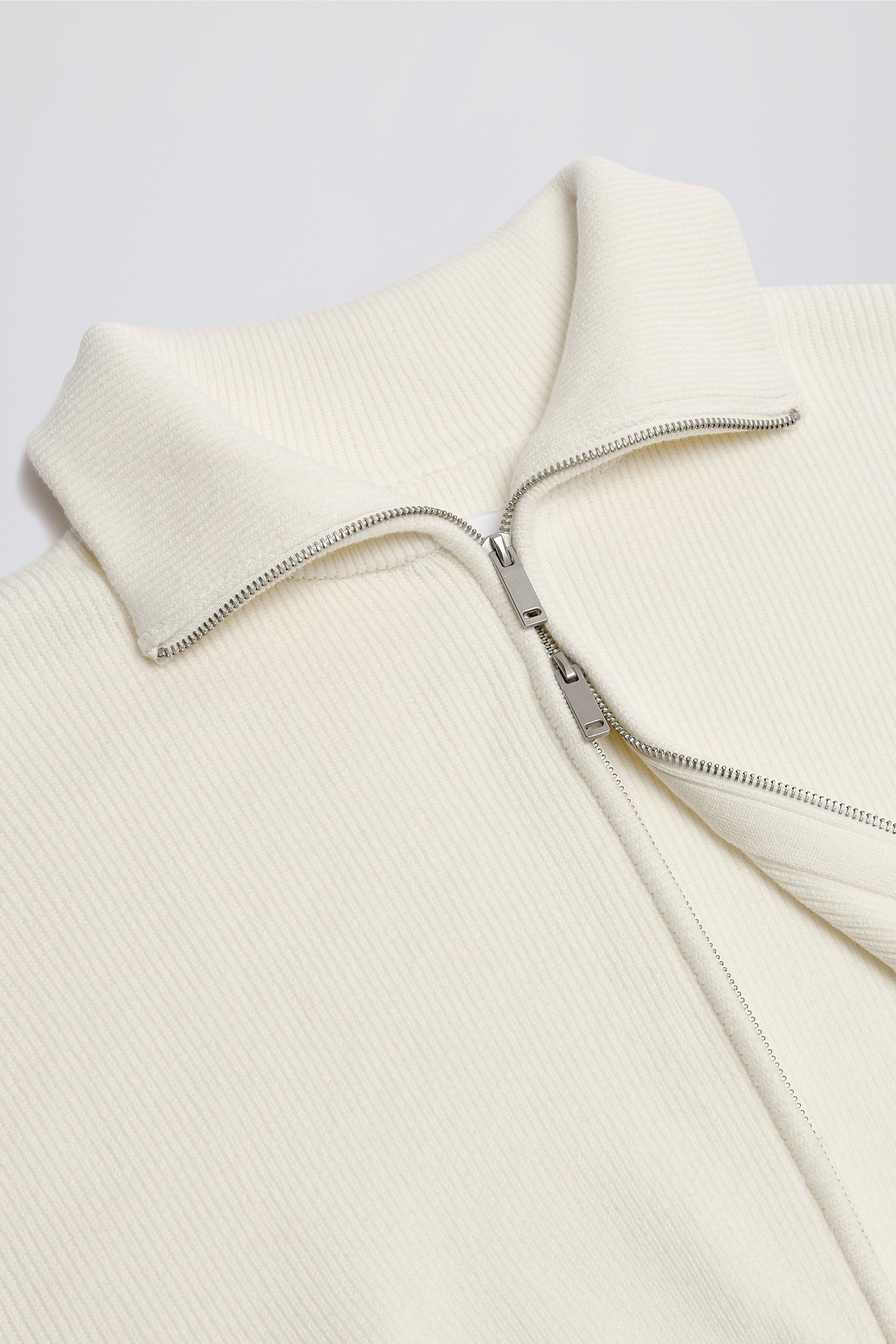 Ribbed Knit Zip-Up Cropped Sweatshirt in Ivory