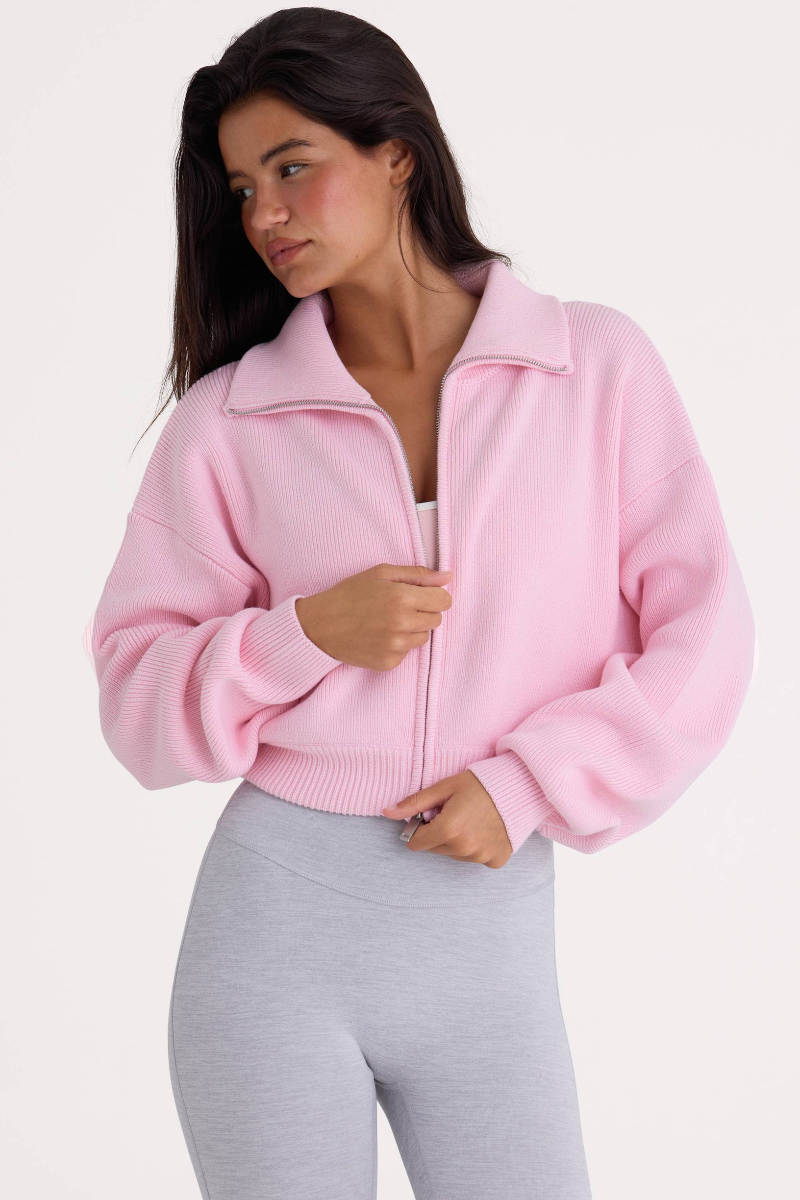 Ribbed Knit Zip-Up Cropped Sweatshirt in Pale Pink - 2